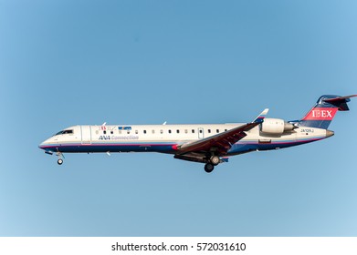 NARITA - JAPAN, JANUARY 25, 2017: JA12RJ Bombardier CRJ-702ER Ibex Airlines ANA Connection Landing In International Narita Airport, Japan.