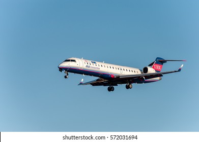 NARITA - JAPAN, JANUARY 25, 2017: JA12RJ Bombardier CRJ-702ER Ibex Airlines ANA Connection Landing In International Narita Airport, Japan.