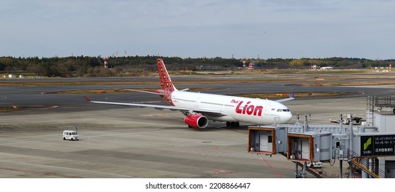 NARITA, JAPAN - NOVEMBER 13 2019: A Thai Lion Air Plane Prepares To Taxi At Narita Airport Outside Tokyo.