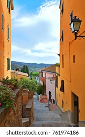 Narrow Alley In The Characteristic Village Of Castagneto Carducci In Tuscany Italy, Where The Poet Giosuè Carducci Lived