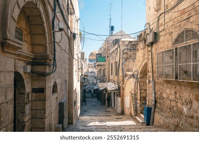 A narrow alleyway with a blue trash can and a few potted plants. The alleyway is lined with buildings and has a lot of wires hanging from the ceiling - Powered by Shutterstock