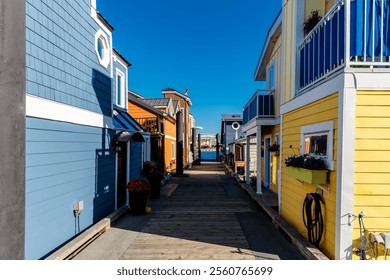 A narrow alleyway with colorful houses and a blue sky above. The houses are yellow and blue, and there are potted plants and flowers along the walkway - Powered by Shutterstock