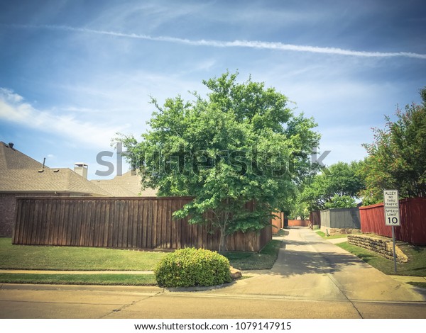 Narrow back alley at  suburban neighborhood in\
Irving, Texas, USA. Small concrete pathway leading to residential\
area with tree, wooden\
fence