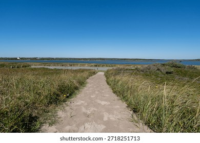 A narrow beach access path winds through tall grass at Martinique Beach in Nova Scotia, leading toward the Atlantic under a deep steel-blue sky.