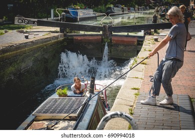 Narrow Boat In A Lock Along Regent's Canal In East London (UK). August 2017.