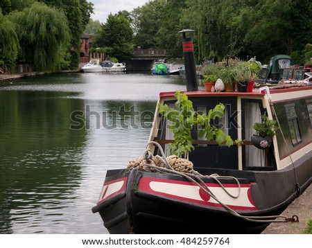 Narrow Boat on River Lea, Stanstead Abbotts, Hertfordshire, England