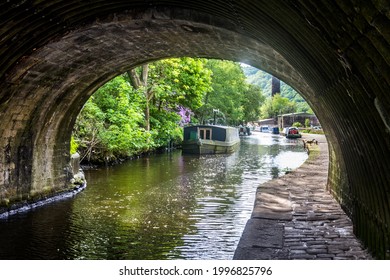 Narrow Boats Moored On The Rochdale Canal.