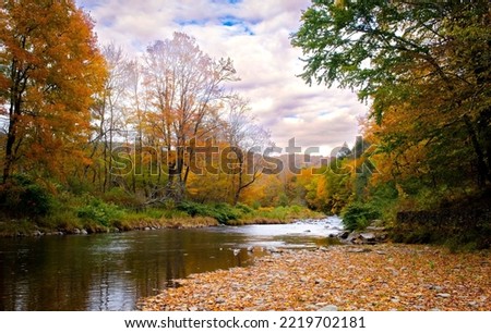 Narrow, calm river through wooded area with Autumn leaf color, cloudy sky above. Soft, painterly effect.