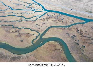 Narrow channels meander through a beautiful estuary in Central California. Estuaries form when freshwater runoff meets and mixes with saltwater from the ocean. Lots of wildlife rely on estuaries.