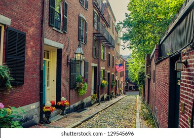 Narrow Cobbled Street and Red-Brick Houses in Boston
