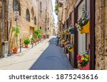 Narrow cobblestone street in Taranto historical city center. Typical italian street with flowers in pots, bicycle and stone walls of buildings in sunny day, Puglia Apulia, Italy