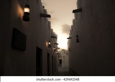 A narrow corridor of an ancient architecture for Sharjah, UAE. - Shutterstock ID 429692548