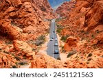 Narrow “White Domes Road“ scenic drive in the Valley of Fire State park near Las Vegas, Nevada (USA). Colorful sandstone rocks in the Mojave Desert, view points and trails are a popular touristi sight