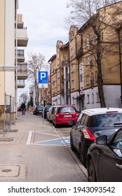 Narrow European Street And Disabled Parking Space. Bialystok, Poland, March 2021