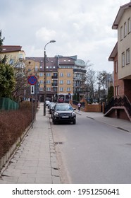 Narrow European Street And Disabled Parking Space. Bialystok, Poland, March 2021
