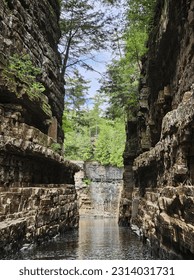Narrow gorge between cliffs in Ausable Chasm Canyon 
