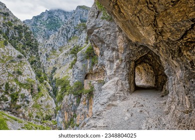 the narrow hiking trail winding along the rock face in the ruta del cares gorge with steep slopes and tunnel passages