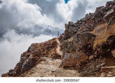 Narrow Mountain Path Leading Down From The Gosainkund (or Laurebina) Pass. Nepal, Langtang.