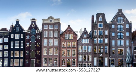 Narrow old housing buildings in Amsterdam, Netherlands.