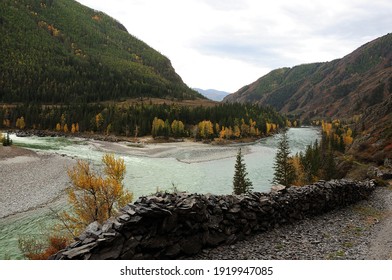 A narrow path with a stone wall overlooking the confluence of two beautiful rivers, surrounded by pine forests and high mountains. Confluence of Katun and Argut, Altai, Siberia, Russia.