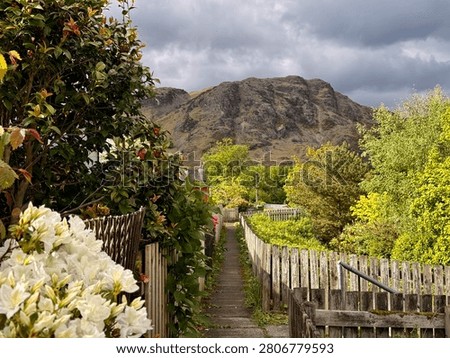 A narrow path winds between wooden picket fences past blooming white rhododendrons and pink camellias toward a dramatic rocky fell under a stormy sky in Coniston, Lake District, England, in spring.