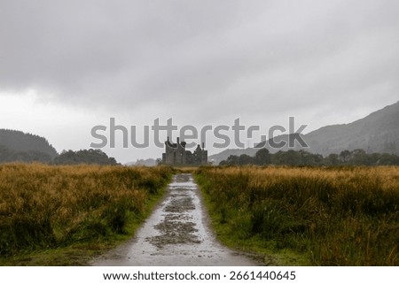A narrow path winds through a grassy field toward an old ruined castle in the distance. The overcast sky and surrounding hills and trees create a moody and atmospheric landscape.