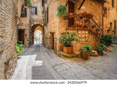 Narrow pedestrian streets and courtyards of Spello. Beautiful old street floral decoration medieval town Spello, Umbria, Italy. Summer, bright and cozy. A trip through the small towns of Italy