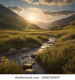 A narrow stream winds gently through a valley of soft, grassy hills. The sunset creates long shadows and a warm glow over the field. Small trees dot the valley, and distant mountains are visible benea