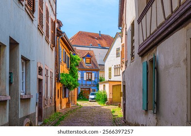 Narrow street cobblestone road, old houses medieval buildings half-timbered style with colorful walls and shutters windows in old town Colmar city historic centre, Alsace Grand Est region, France - Powered by Shutterstock