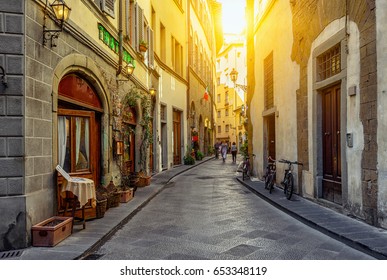 Narrow street in Florence, Tuscany, Italy. Architecture and landmark of Florence. Cozy Florence cityscape