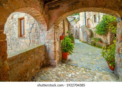 Narrow street in Medieval town Sorano  with old tradition buildings and flowers. Old small town in the Province of Grosseto, Tuscany (Toscana), Italy, Europe