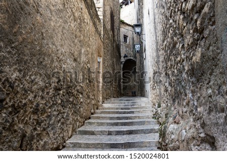 Narrow street in old town. Girona, Catalonia, Spain