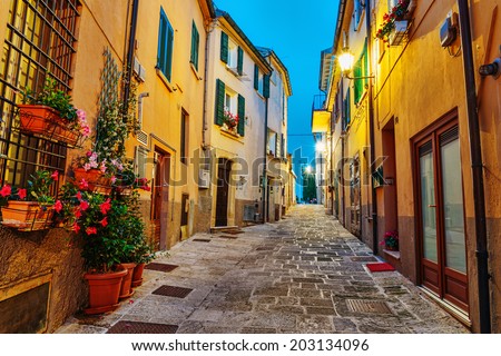 Narrow street in the old town at night in Italy