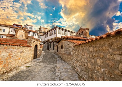 Narrow street in the old town of Ohrid on a beautiful sunset, North Macedonia - Powered by Shutterstock