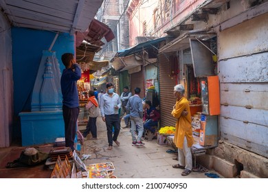 The narrow streets of Banaras: Varanasi, Uttar Pradesh, India - November 19 2021