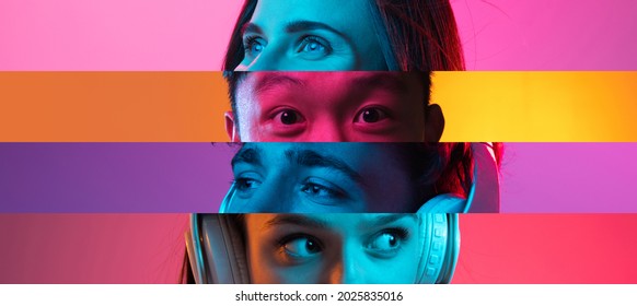 Narrow stripes. Collage of cropped male and female faces, eyes isolated over multicolored backgrounds in neon lights. Close-up. Concept of human emotions, facial expressions