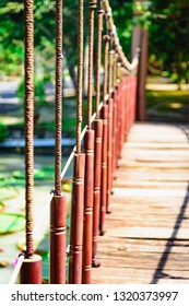 A Narrow Suspended Wooden Bridge Hangs On A Rope Above The Water.  Tropical Park In Vietnam With Green Vegetation