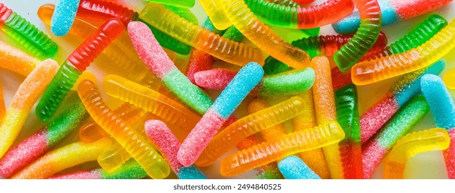 Narrow view of a pile of bright neon gummy worms. - Powered by Shutterstock