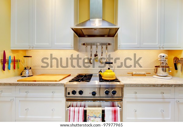 Narrow White Yellow Kitchen Cabinets Close Stock Image Download Now