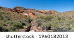Narrown stream wash winds down through the dry hlls in the Mojave Desert of southern California.