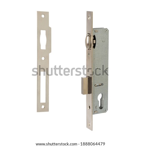 Narrow-profile satin-colored mortise lock with a rectangular bolt with a latching mechanism and a strike plate on a white background