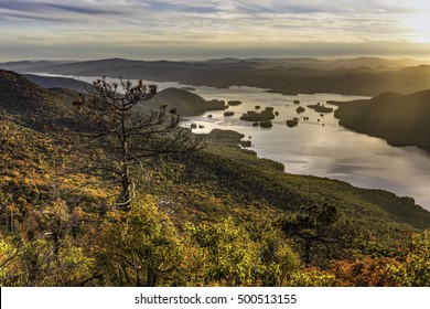 The Narrows of Lake George and surrounding mountains seen from  Black Mountain in the Adirondack Mountains of New York