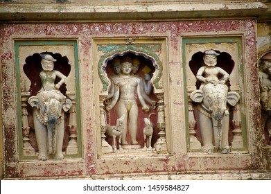 Narsingpur Pune Maharashtra India August 12 2011 Hindu god Dattas sculptureon the sikhara(Top) of Narsiha temple 