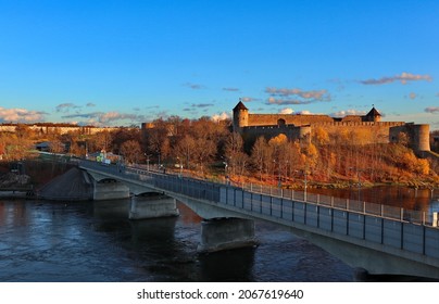 Narva, Estonia -10-17-2021: Border Crossing Between Estonia And Russia. It Is Also EU Eastern Border. Ivangorod Fortress In The Background. 