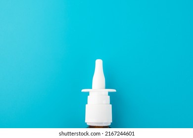 Nasal Spray On Blue Background With Copy Space, Runny Nose, Flu Treatment