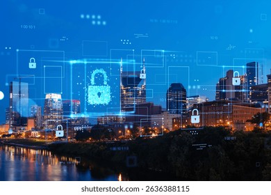 Nashville skyline with digital security hologram overlays, cityscape at dusk with futuristic cyber concept. Double exposure