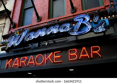 Nashville Tenn. February 15, 2020
Broadway Nightlife District In Downtown Nashville With A Vast Selection Of Bars, Pubs, And Restaraunts. Featured; Wanna B's Karaoke Bar.