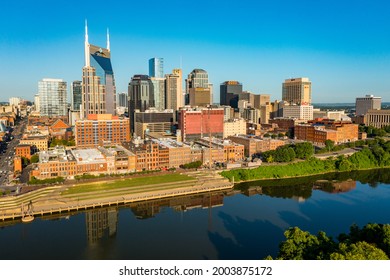 Nashville, Tennessee - 28 June 2021: Aerial Drone View Of The Financial Downtown District Of Nashville And The Cumberland River