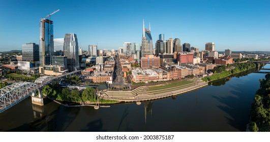 Nashville, Tennessee - 28 June 2021: Aerial Drone View Of The Financial Downtown District Of Nashville And The Cumberland River