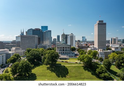 Nashville, Tennessee - 28 June 2021: Aerial Drone View Of The Tennessee State Capitol Building In Nashville With The Business District